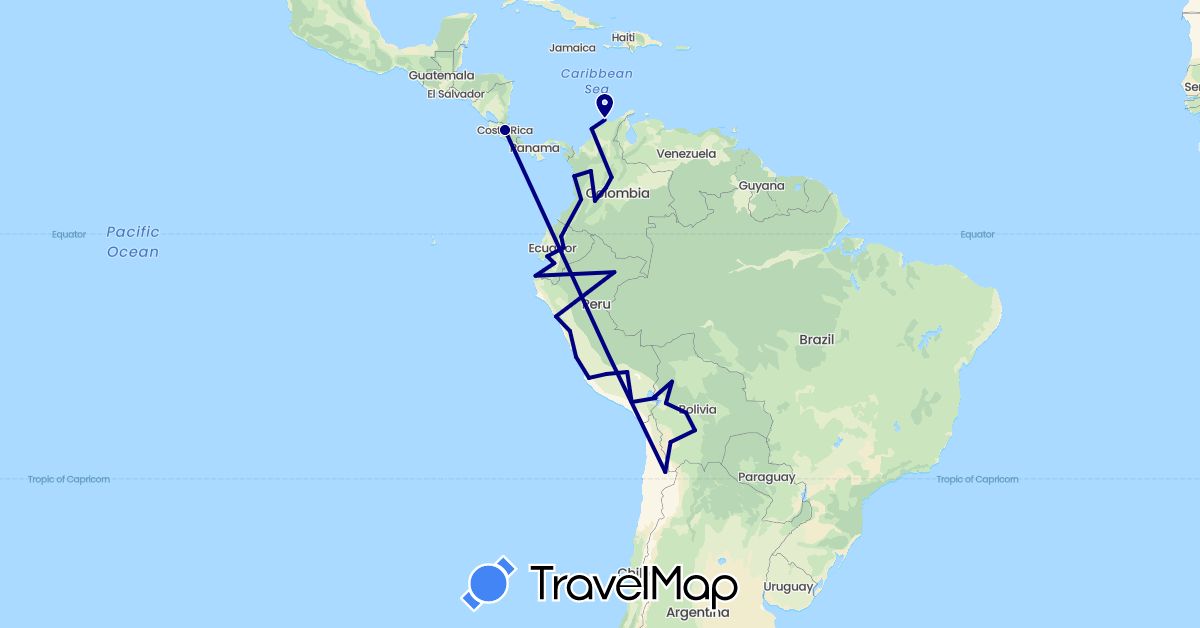 TravelMap itinerary: driving in Bolivia, Chile, Colombia, Costa Rica, Ecuador, Peru (North America, South America)